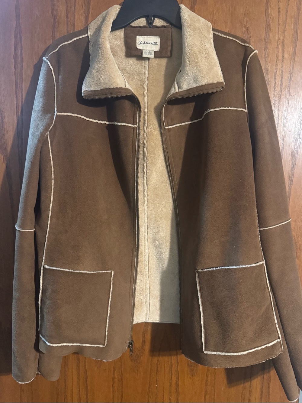 St. John's Bay Brown Suede Jacket with Cream Shearling Trim